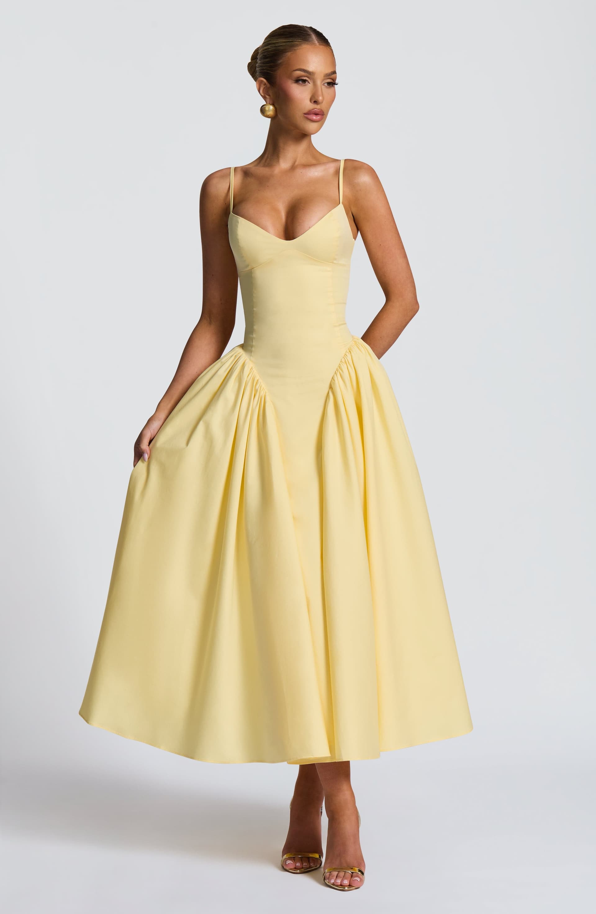 Emerson Midi Dress Lemon Yellow Sweetheart Neckline Lace-Up Back Cotton Nylon Elastane Blend