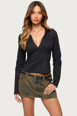 Araceli Pinstripe Tailored Long Sleeve Shirt - Cotton Polyester Spandex