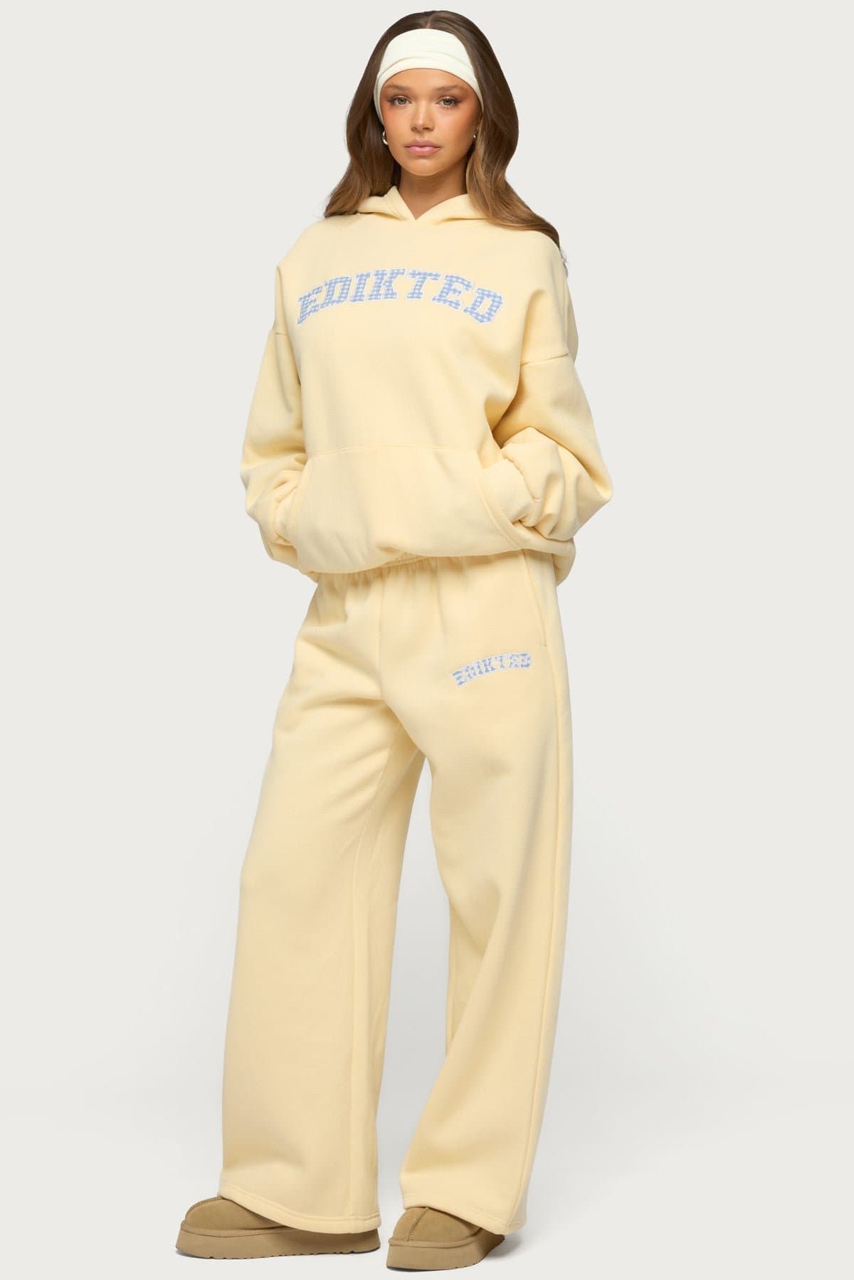 Edikted Lover Wide Leg Sweatpants with Gingham Graphic Patch