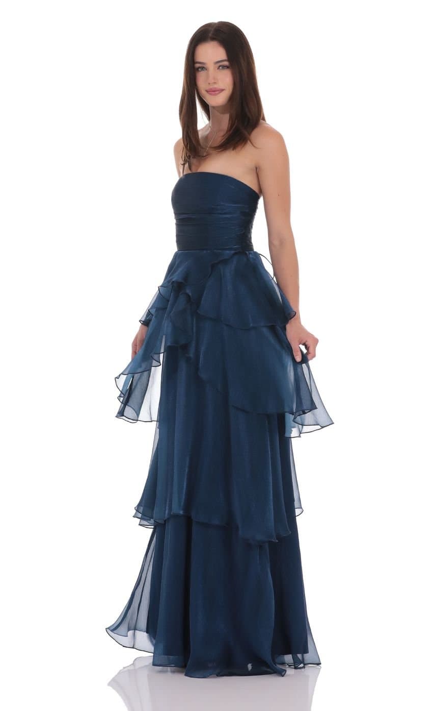 Corset Petal Ruffle Strapless Maxi Dress in Navy