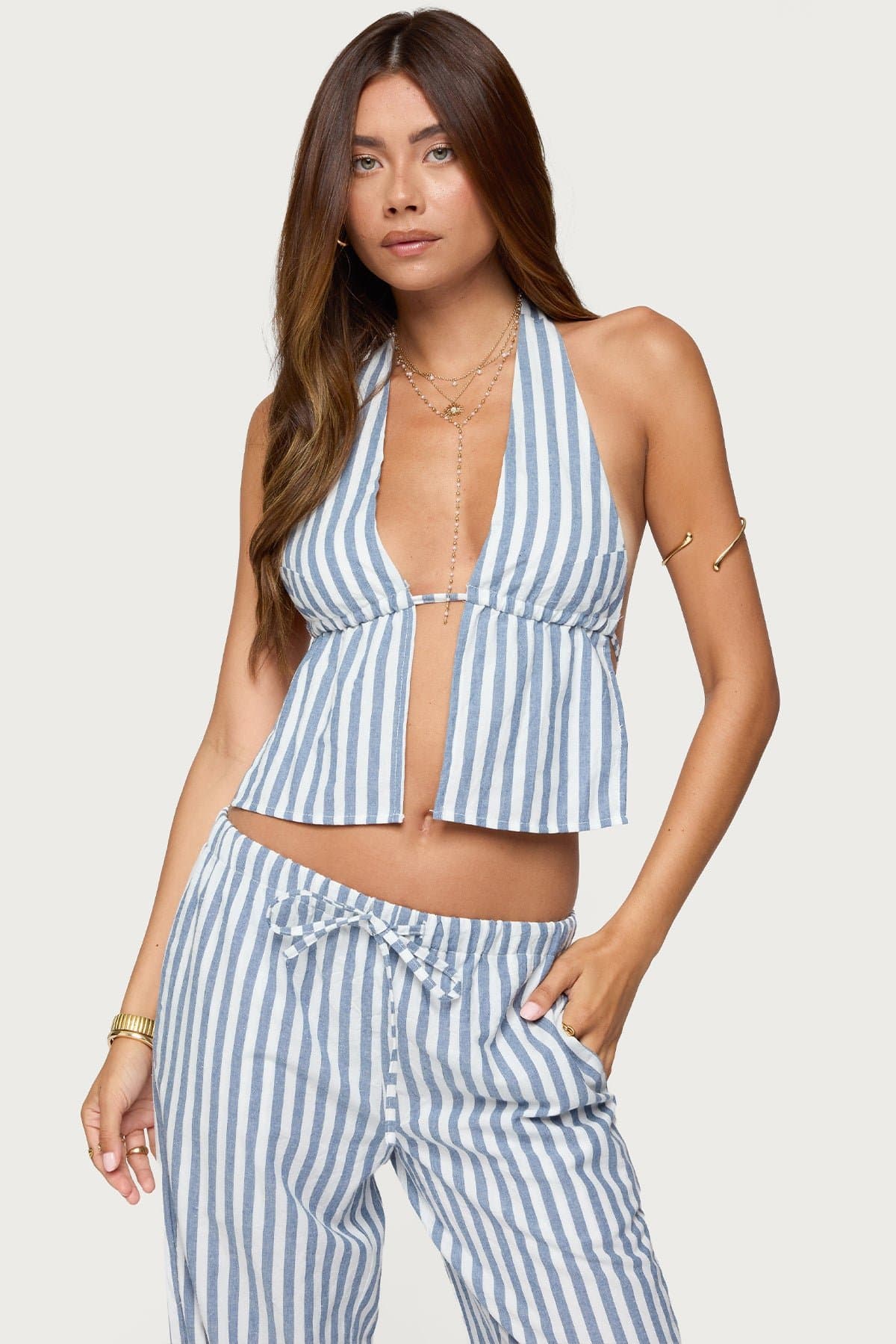 Macey Striped Split Front Backless Halter Top - Cotton Polyester