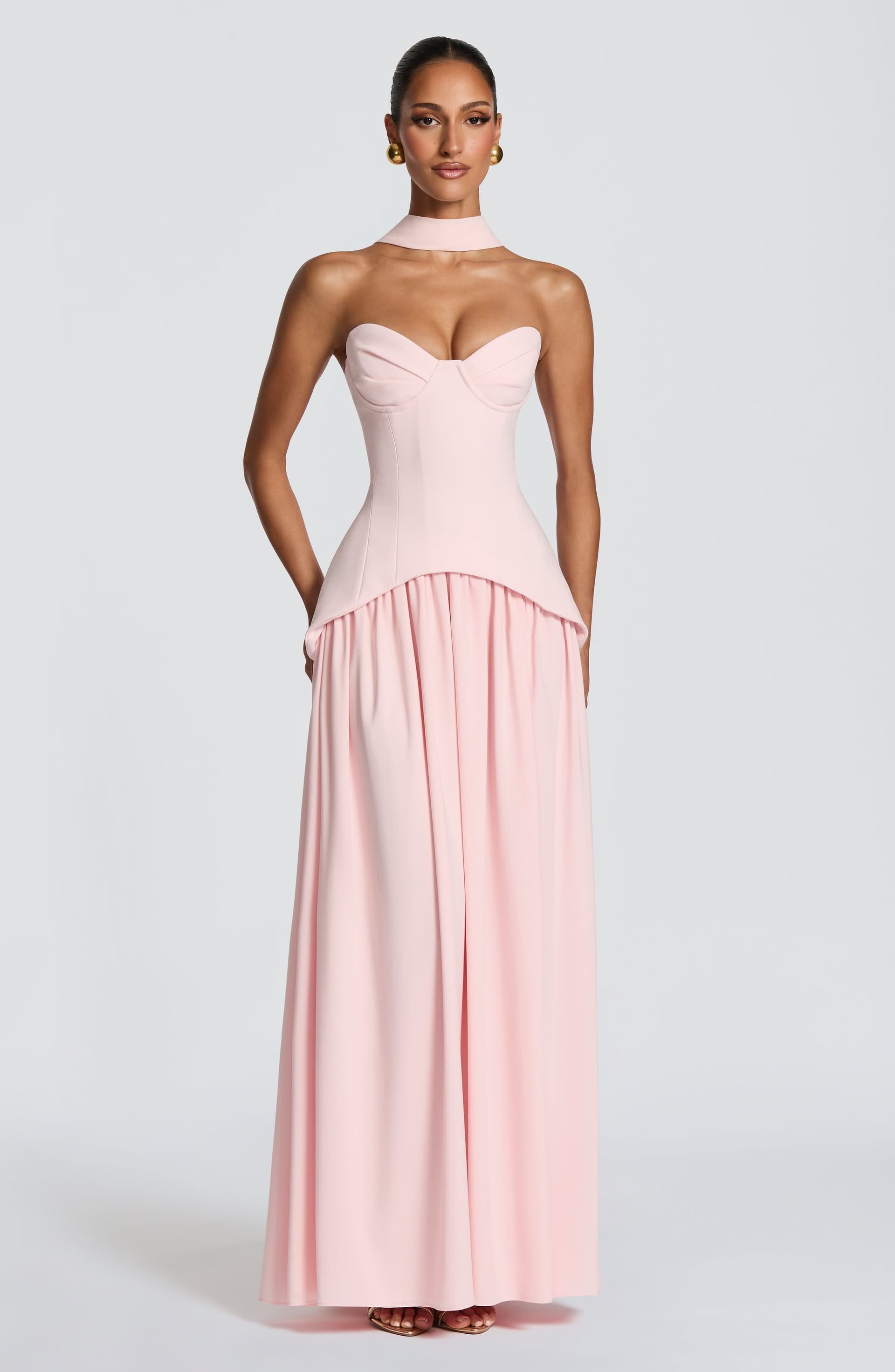 Vietta Maxi Dress in Blush - Crepe Corset Bodice Chiffon Skirt Thigh Split