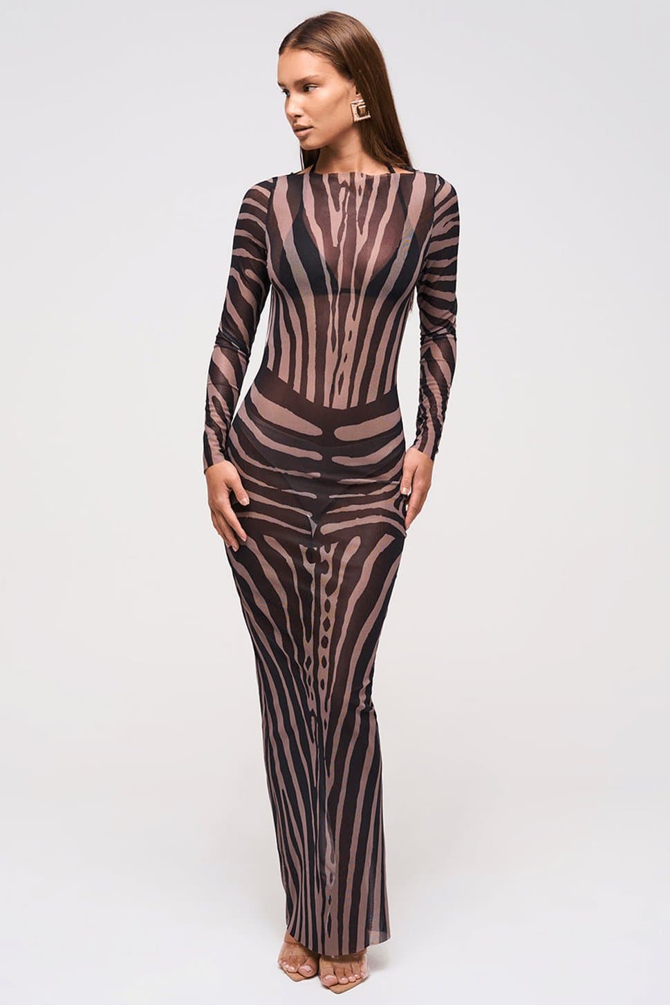 Mesh Maxi Dress Curve Illusion Zebra Print Full Sleeve Maxi Length