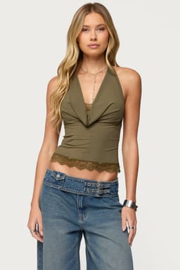Layered Lacey Cowl Neck Halter Top - Nylon Spandex Open Back
