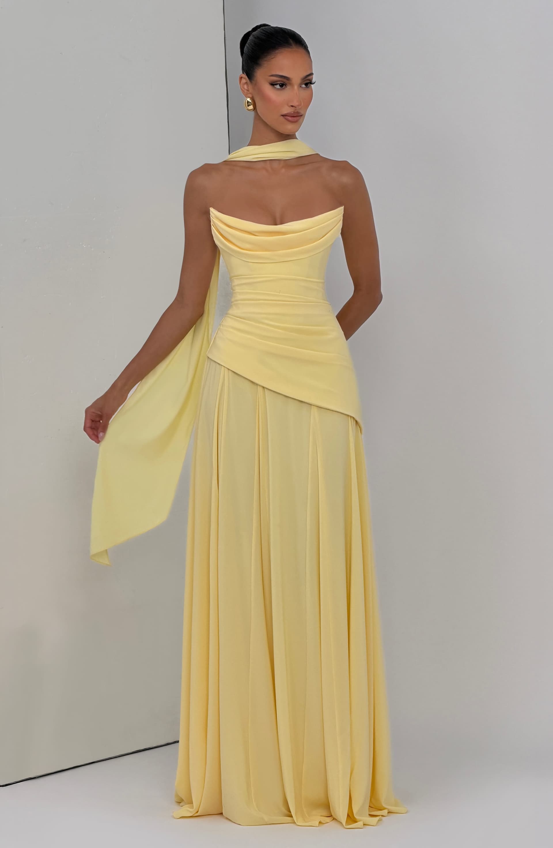 Patricia Lemon Chiffon Maxi Dress - Scooped Neckline, Lace-Up Back, Pleated Bodice