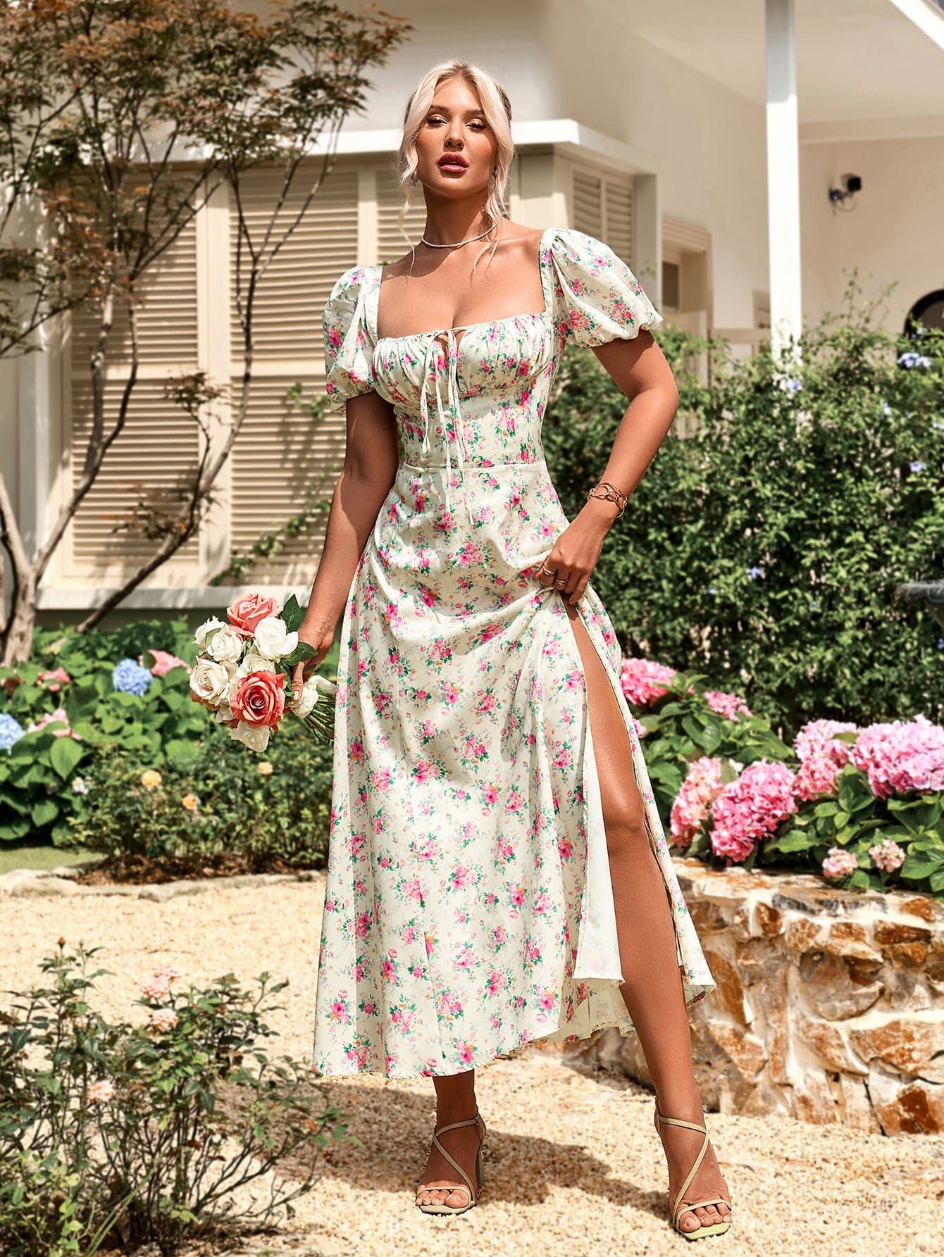 Puff Sleeve High Split Floral Print Dress