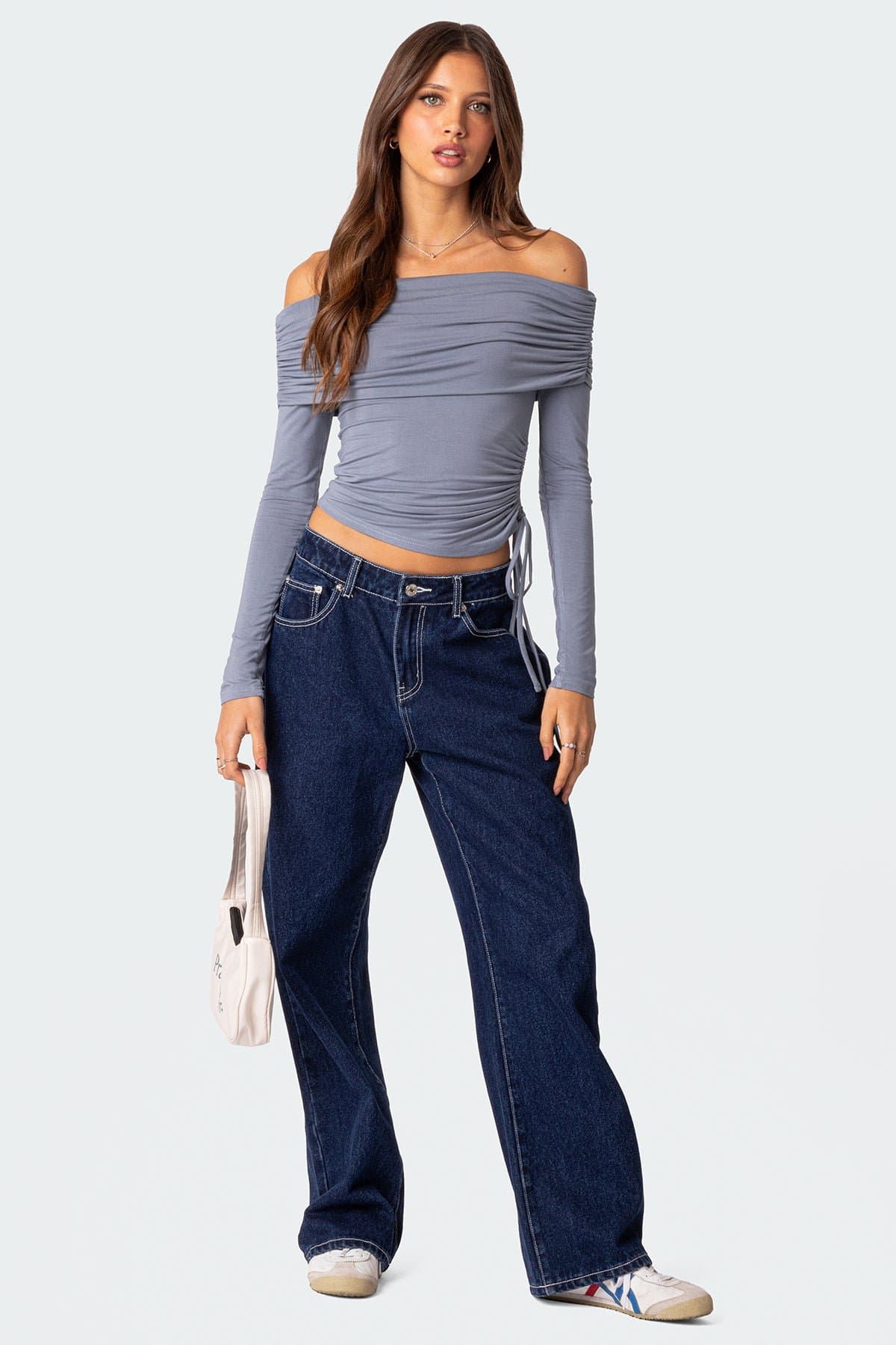 Gathered Fold Over Drawstring Top - Polyester Spandex Adjustable Side Black