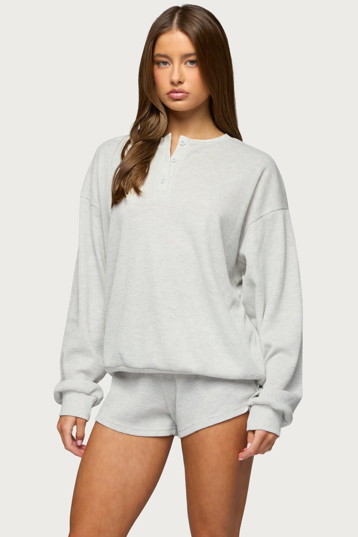 Baila Waffle Henley Top - Long Sleeve Oversized Cotton Polyester Women's Shirt
