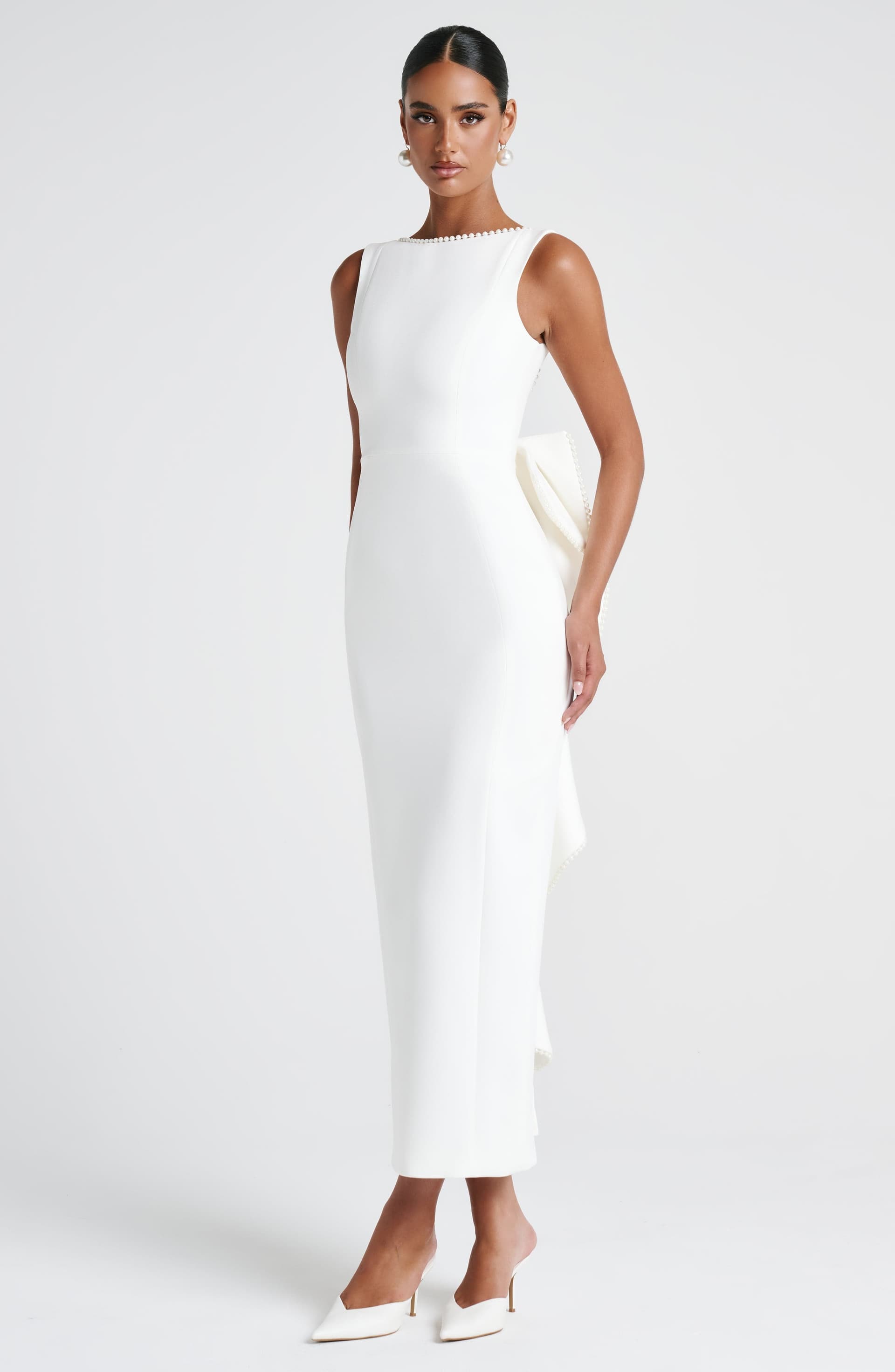 Lana Midaxi Dress in Ivory - Non-Stretch Crepe with Pearl Trim and Detachable Bow