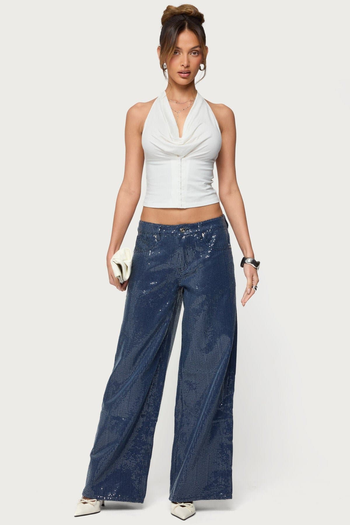 Mirella Sequin Low Rise Baggy Jeans - Rigid Cotton Polyester Denim