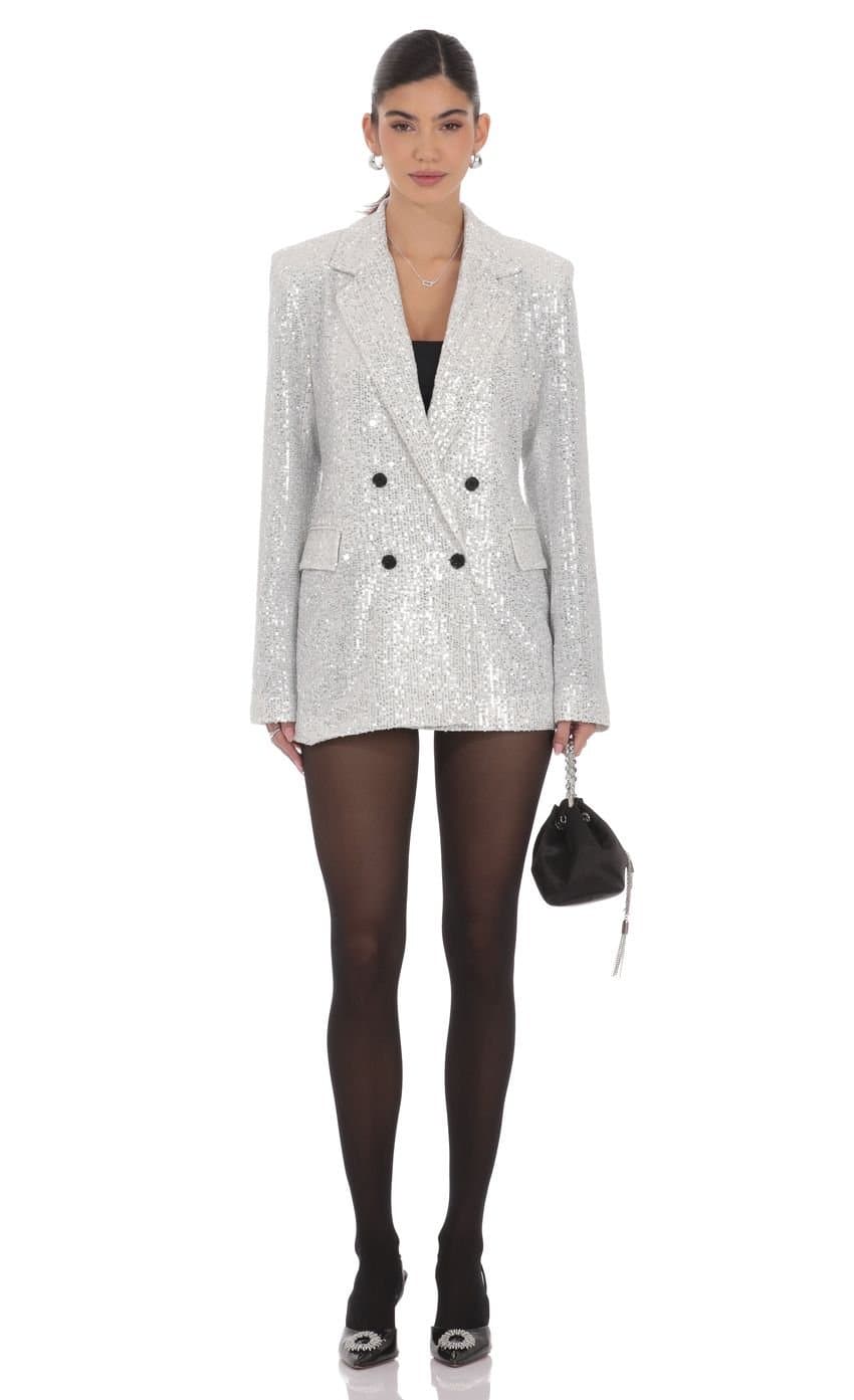 Double Breasted Sequin Blazer in Silver