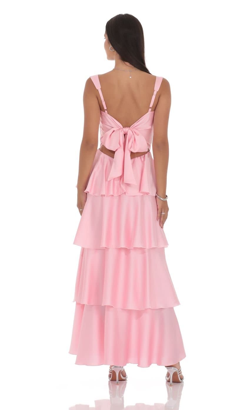 Satin Ruffle Maxi Dress in Pink