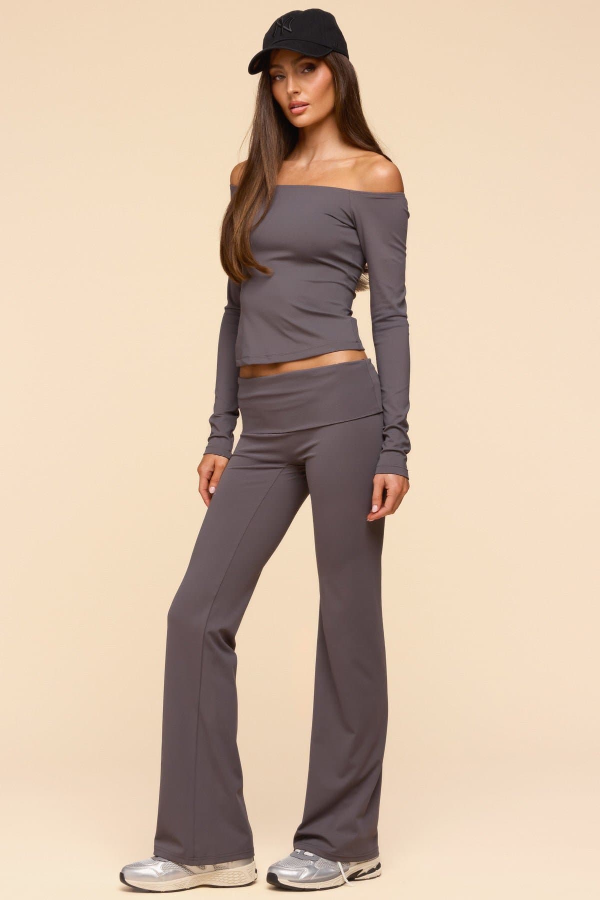 Oriane Foldover Flared Leggings - Polyester Spandex, Size S Inseam 32.7"