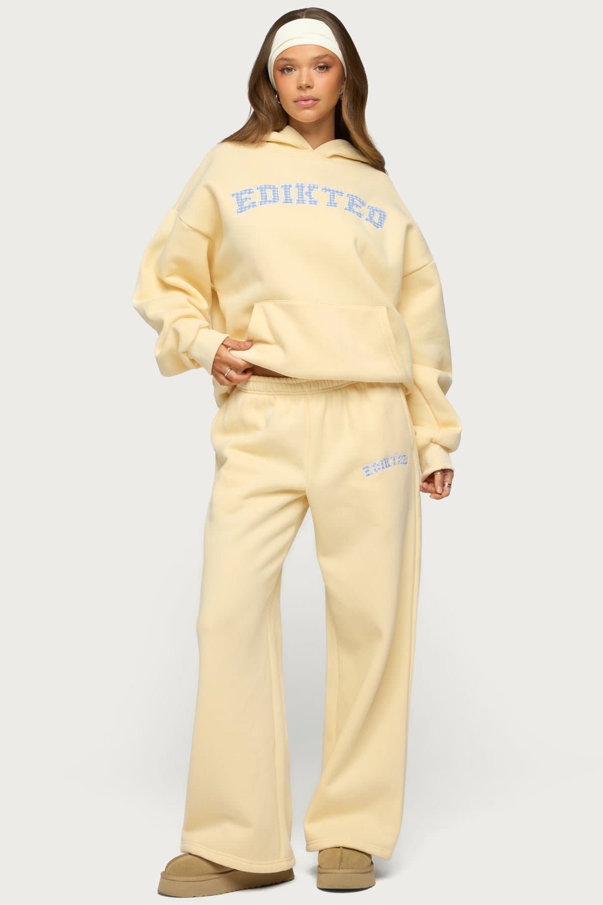 Edikted Lover Wide Leg Sweatpants with Gingham Graphic Patch