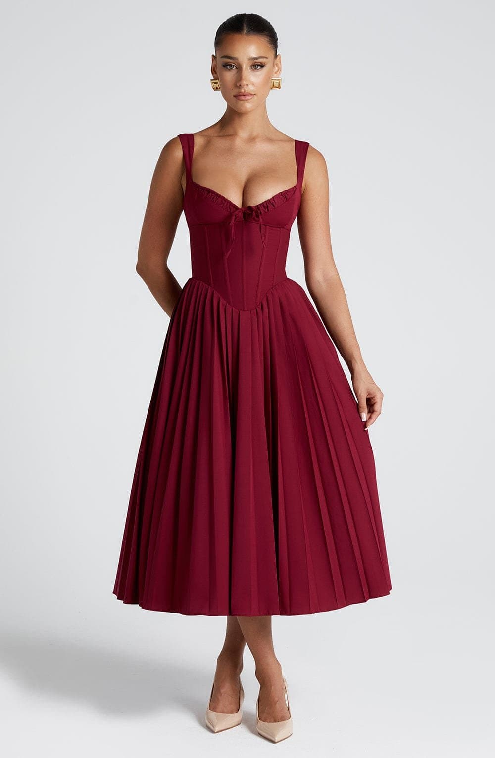 Natassia Midi Dress - Berry - Polyester Viscose Poplin, Boned Bodice, Lace-Up Back