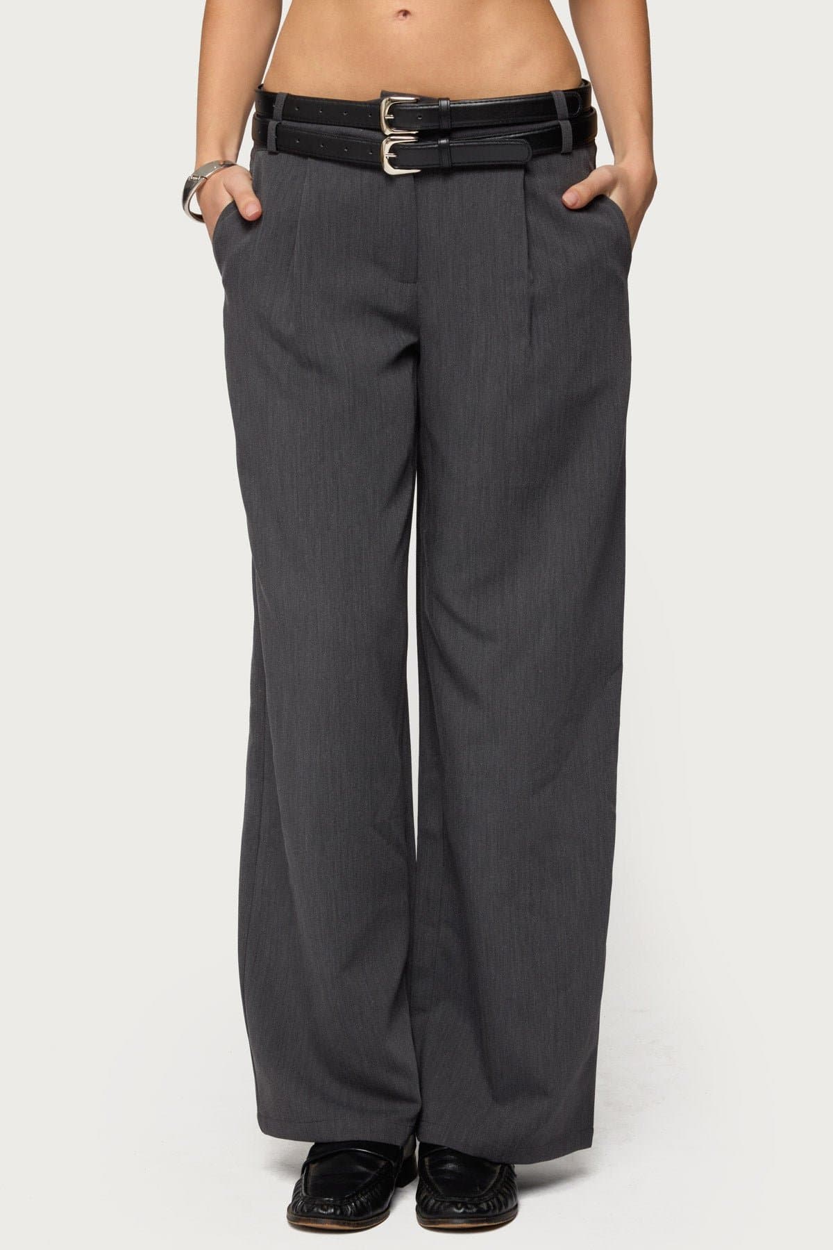 Andy Double Belt Straight Leg Tailored Pants - Polyester Rayon Spandex