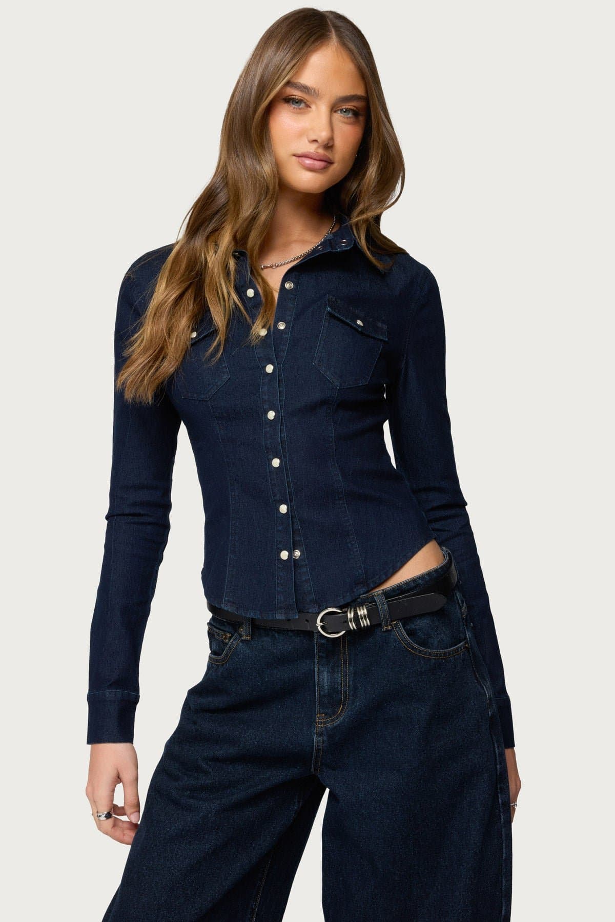 Shylo Stretchy Denim Button Up Shirt Long Sleeve Fitted Cotton Polyester Spandex