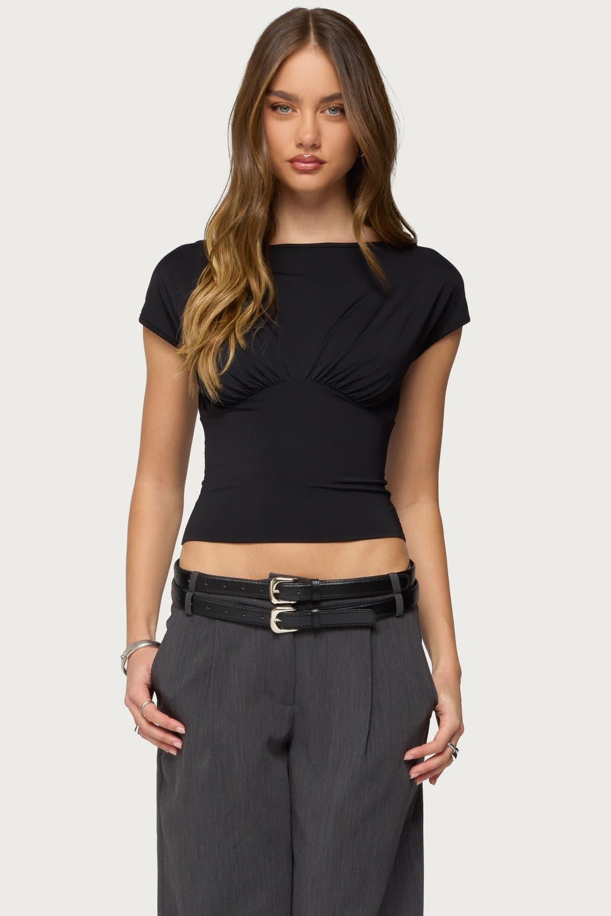 Leonah Ruched Boat Neck Top - Fitted Polyester Spandex