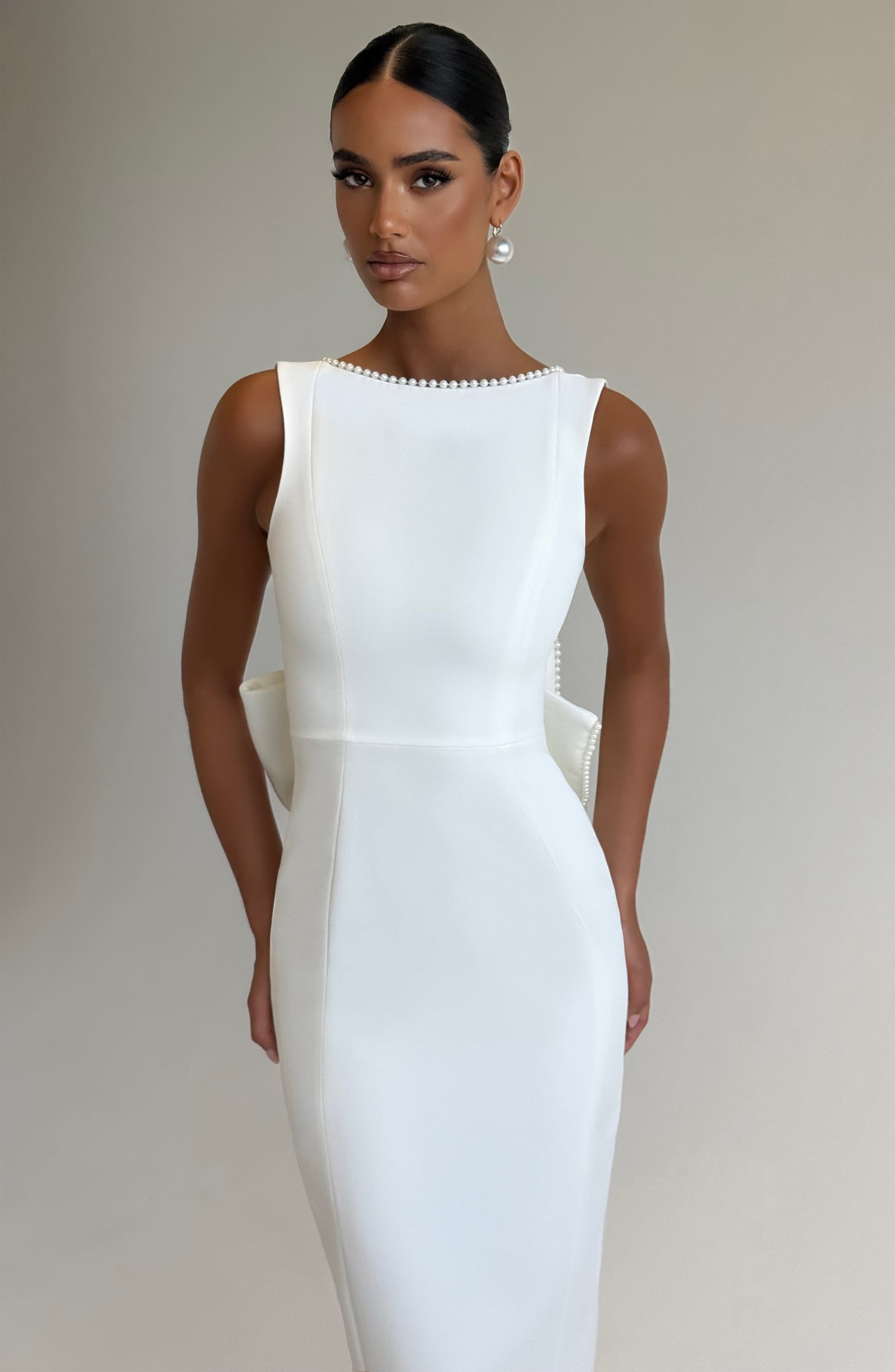 Lana Midaxi Dress in Ivory - Non-Stretch Crepe with Pearl Trim and Detachable Bow
