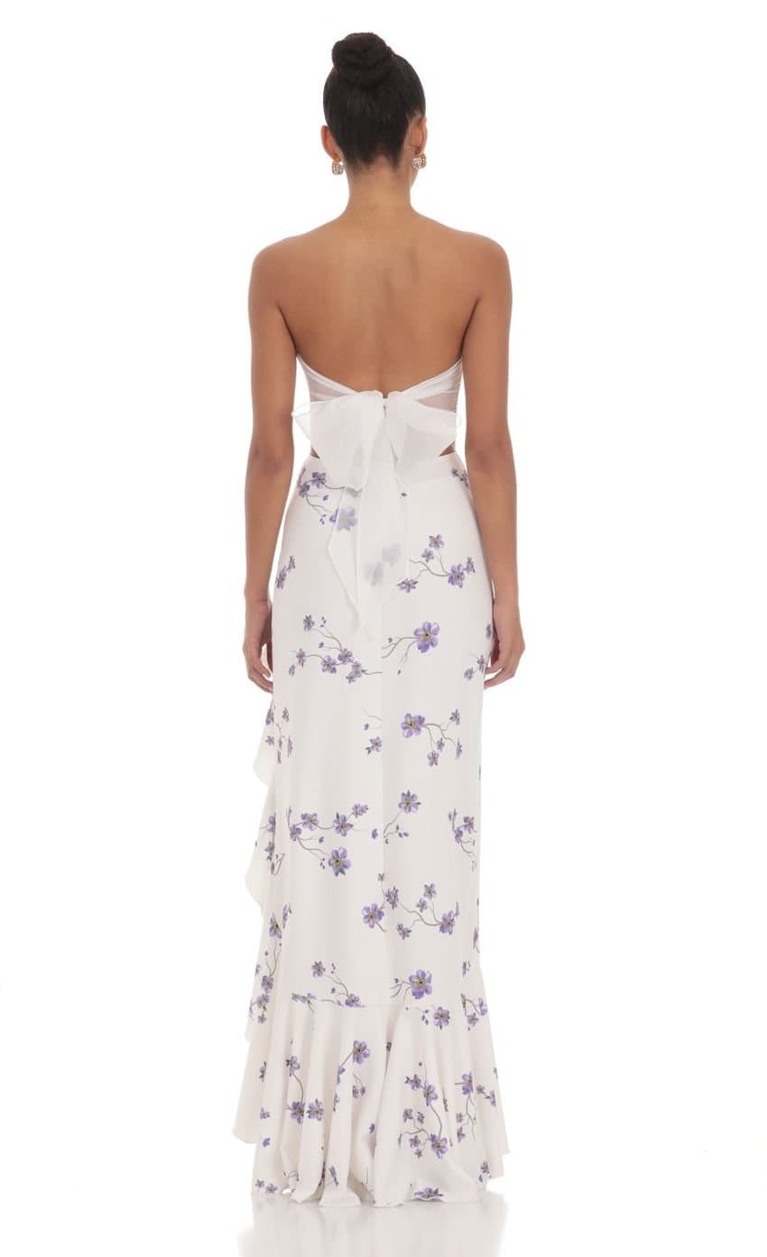 Floral Strapless Back Bow Corset Maxi Dress in White