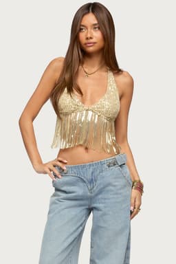 Azura Sequin Fringe Bra Top - Halter Neck Adjustable Straps Polyester