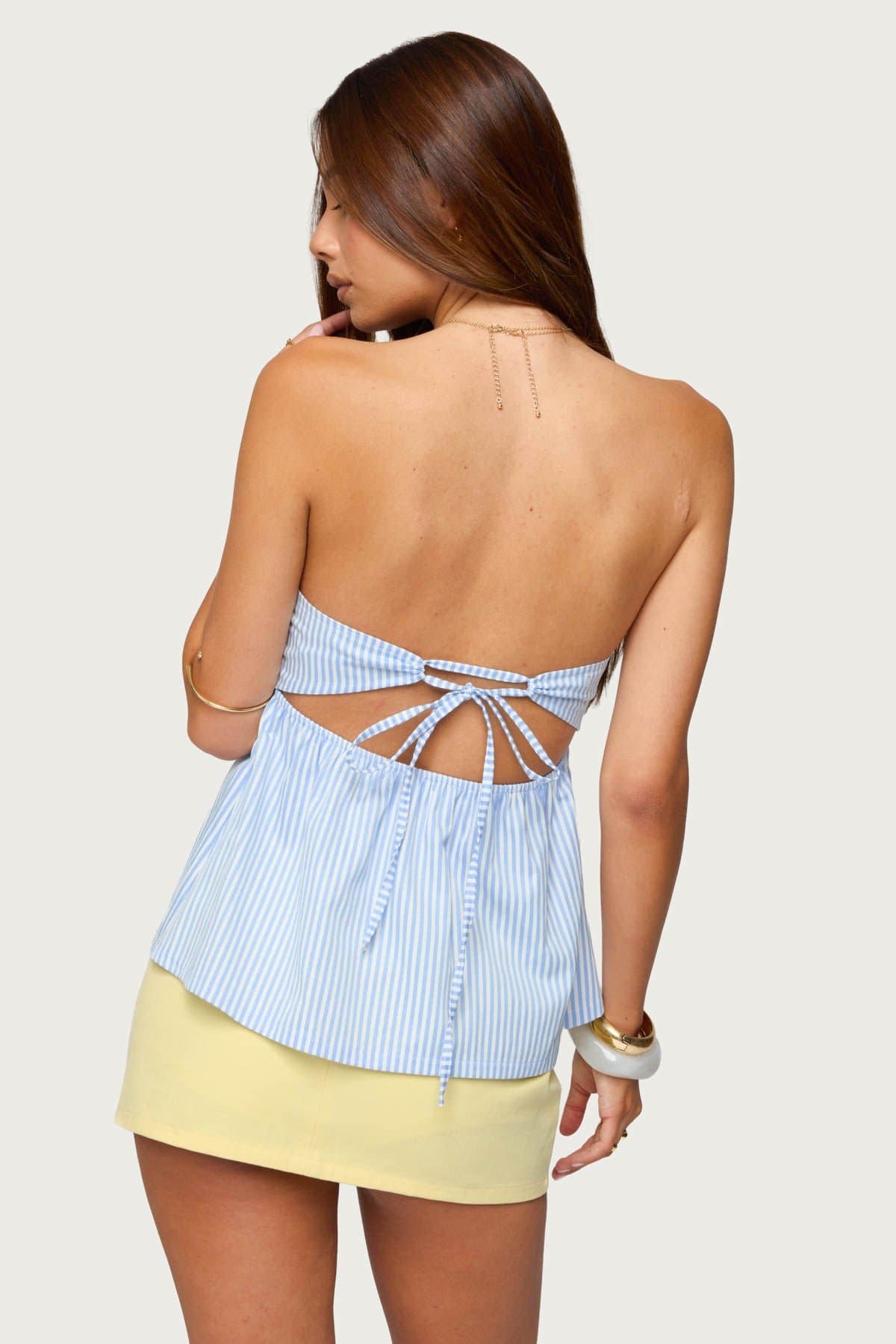 Maddie Strapless Striped Babydoll Top - Polyester Back Tie Closure