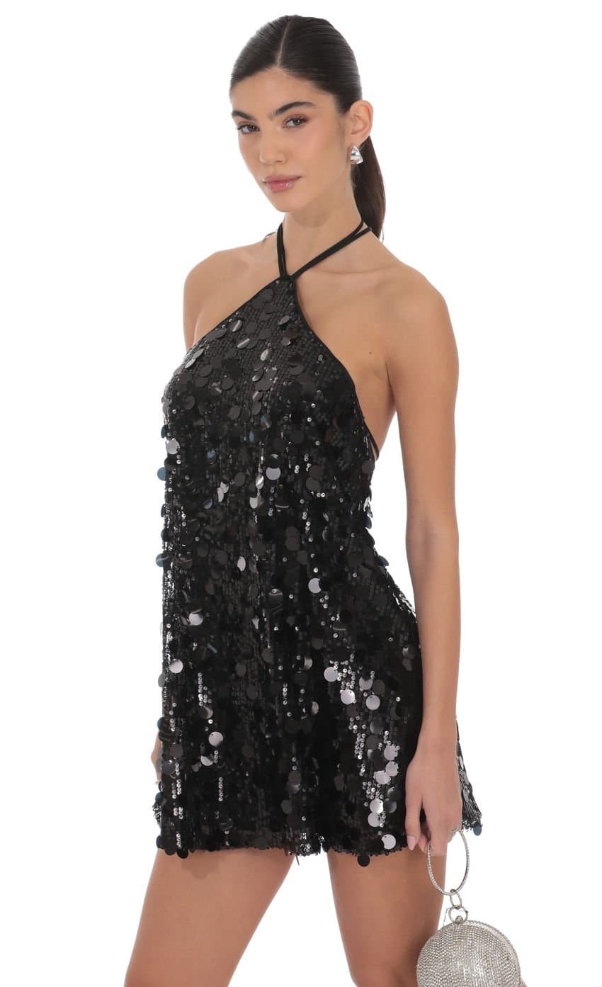 Circle Sequin Halter Shift Dress in Black