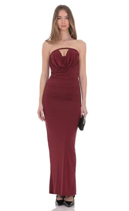 Draped Cutout Maxi Dress in Burgundy