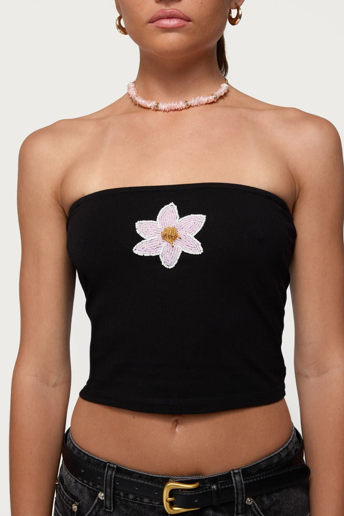 Luli Beaded Flower Tube Top - Cotton Spandex Strapless Crop Top