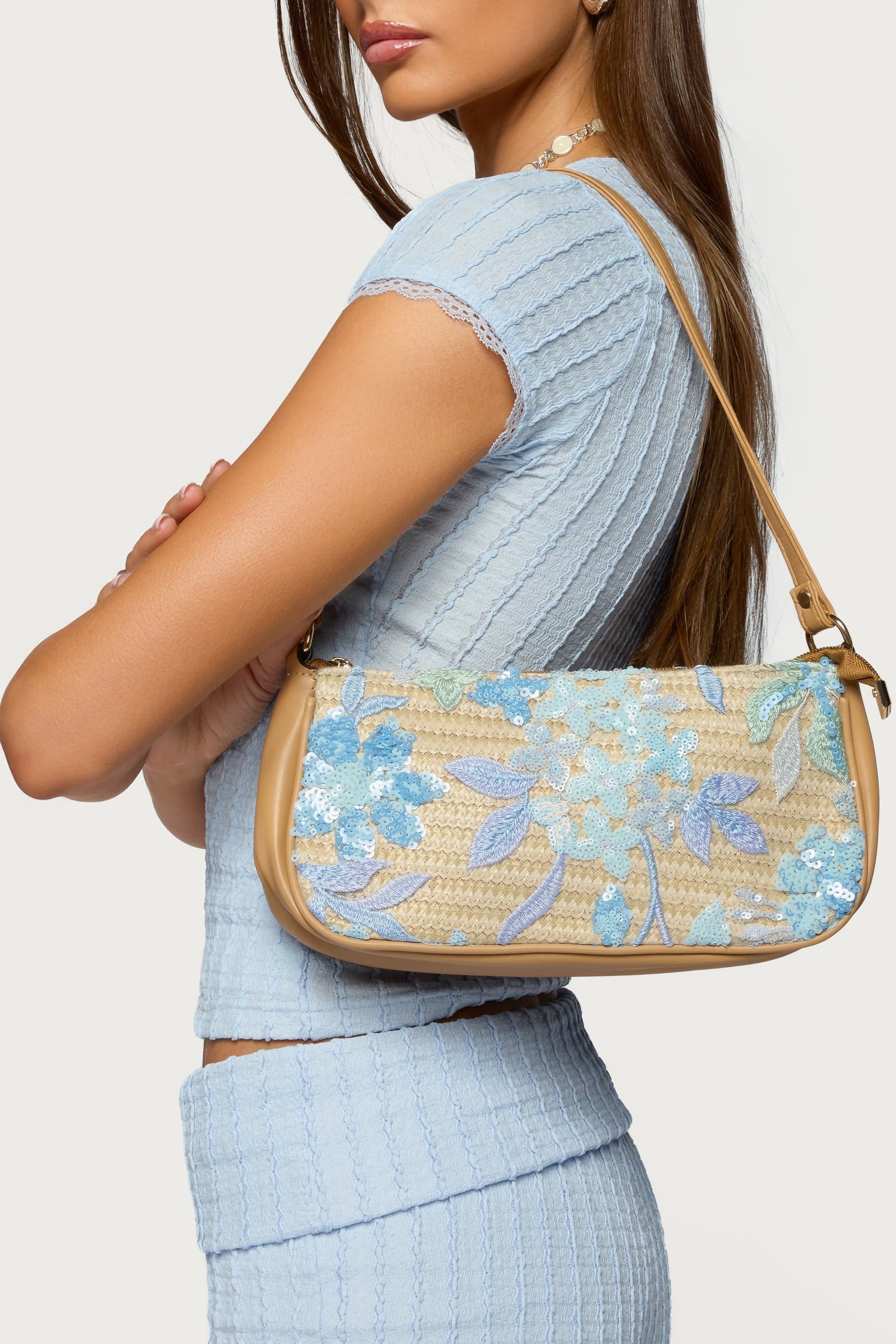 Sequin & Embroidered Straw Bag - Faux Leather Trim, 10.8" Width Artificial Straw Polyester Polyurethane