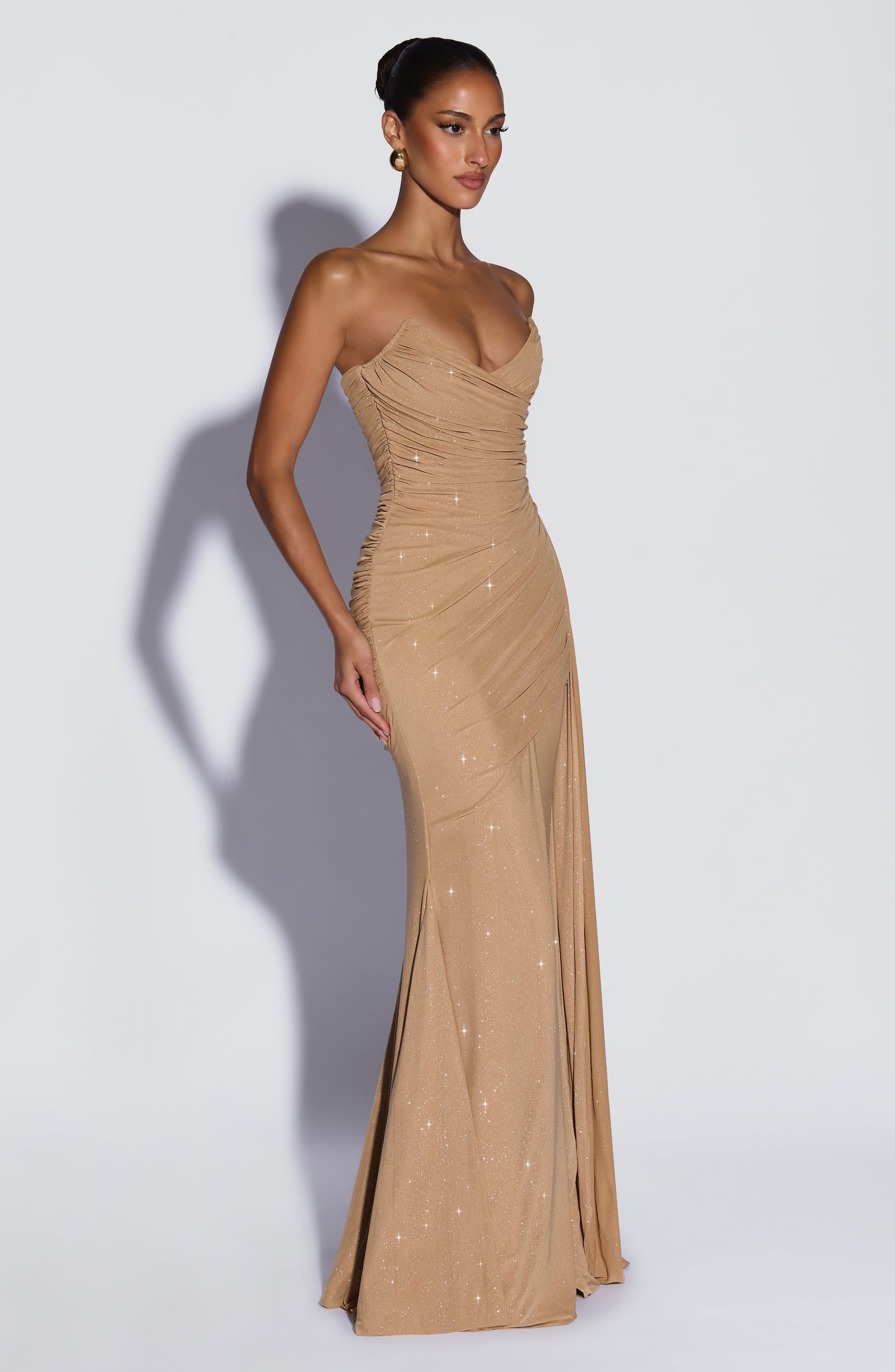 Ashika Maxi Dress Gold Sparkle Glitter Mesh Strapless Plunge Neckline