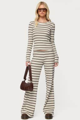 Avalie Striped Ribbed Loungewear Pants - Cotton Spandex, Size S Inseam 32.3in