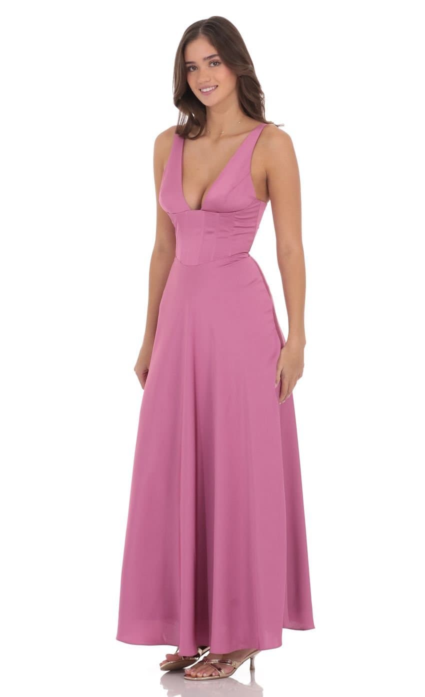 Satin Plunge Neck Corset Maxi Dress in Mauve