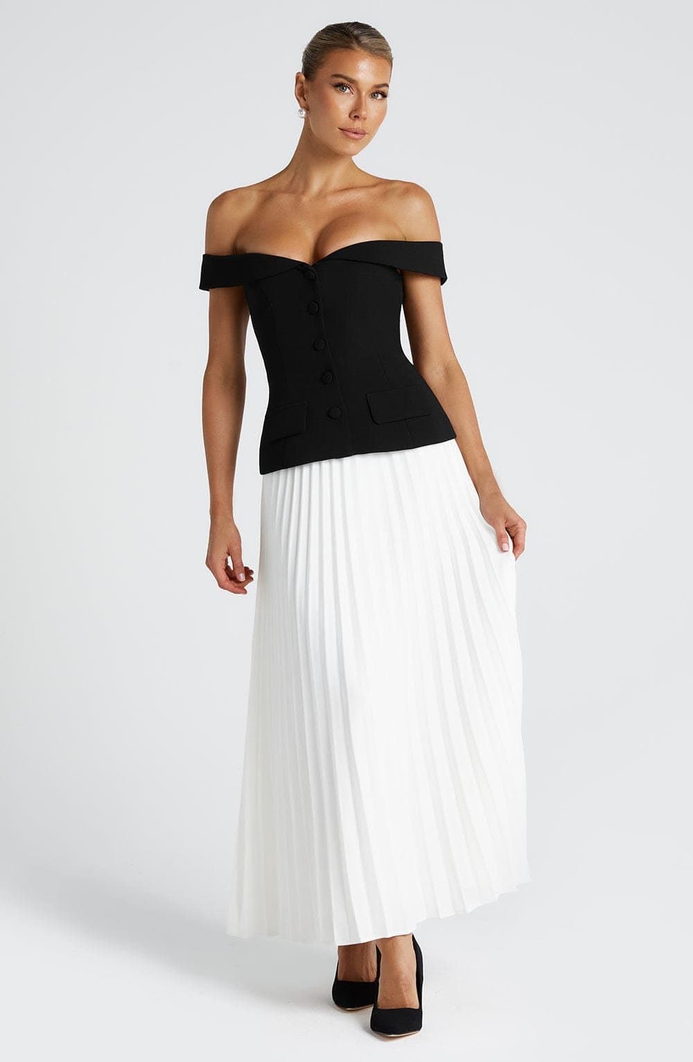 Penny Midi Skirt Ivory Non-Stretch Crepe Pleated Mid-Rise