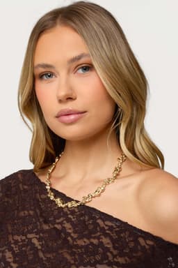 Abstract Textured Gold Tone Metal Necklace - 18.5 Inch Length