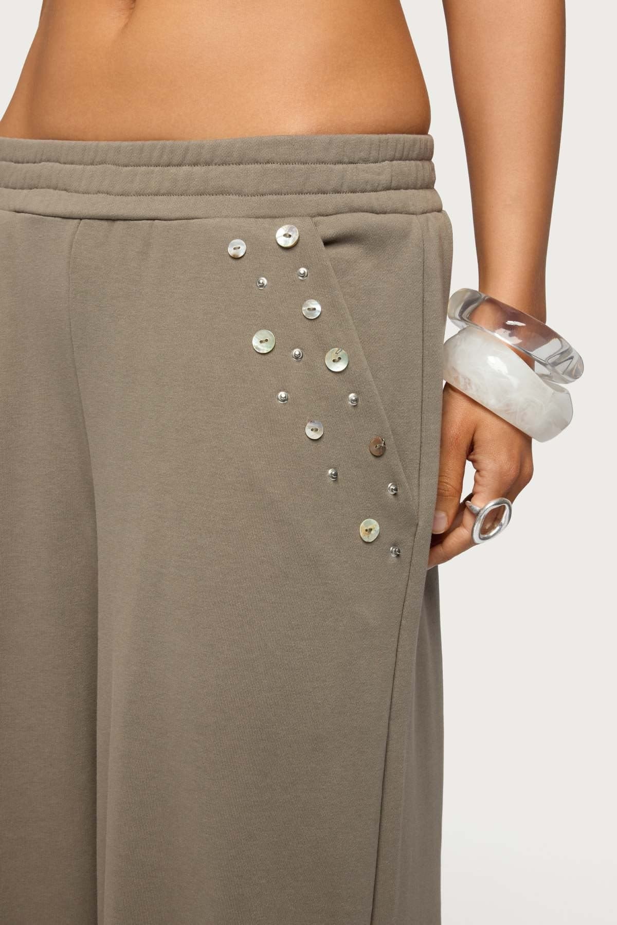 Zania Iridescent Button Sweatpants - Elastic Waist Wide Leg Cotton Polyester