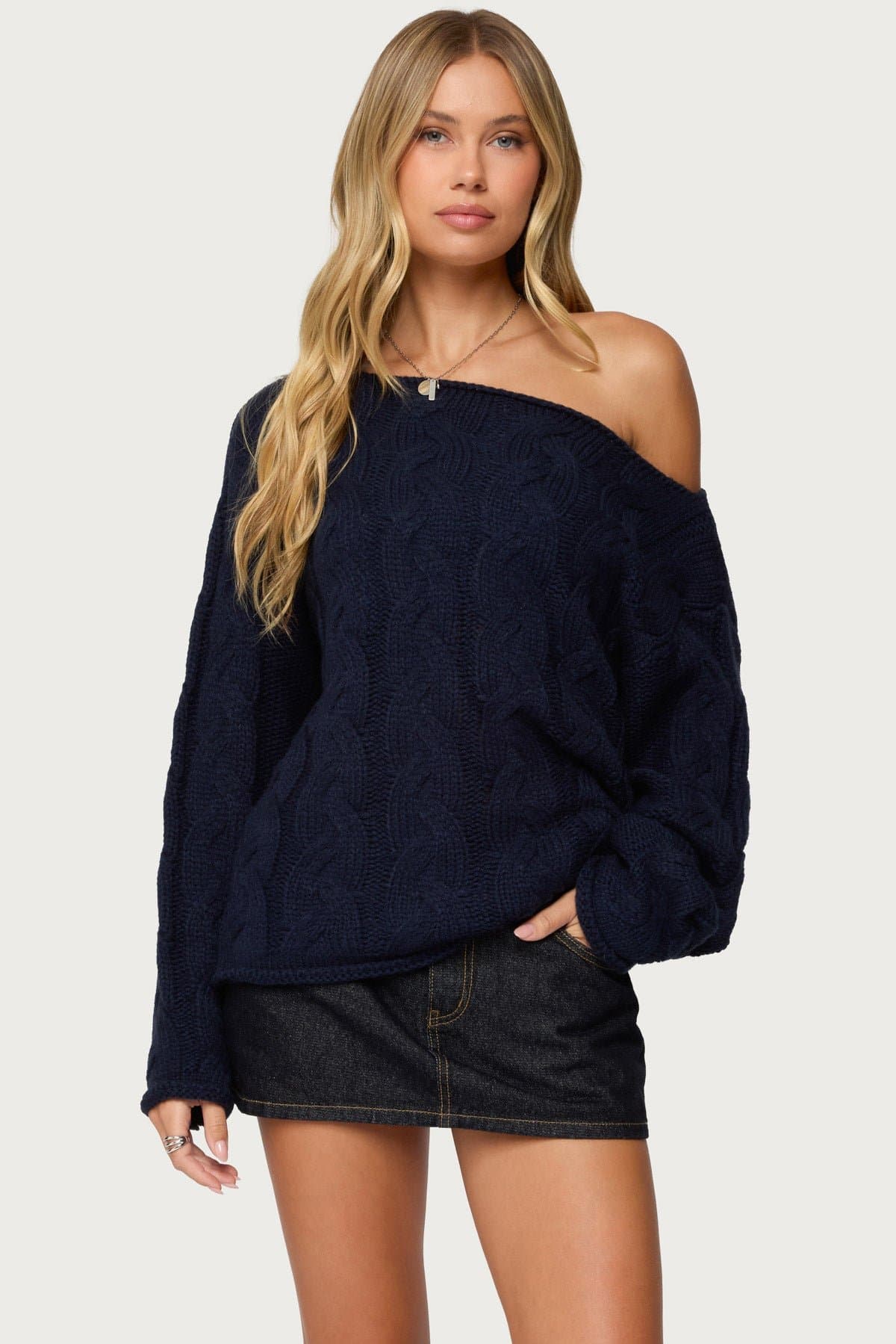 Nellie Off Shoulder Cable Knit Sweater - Acrylic Knit Top
