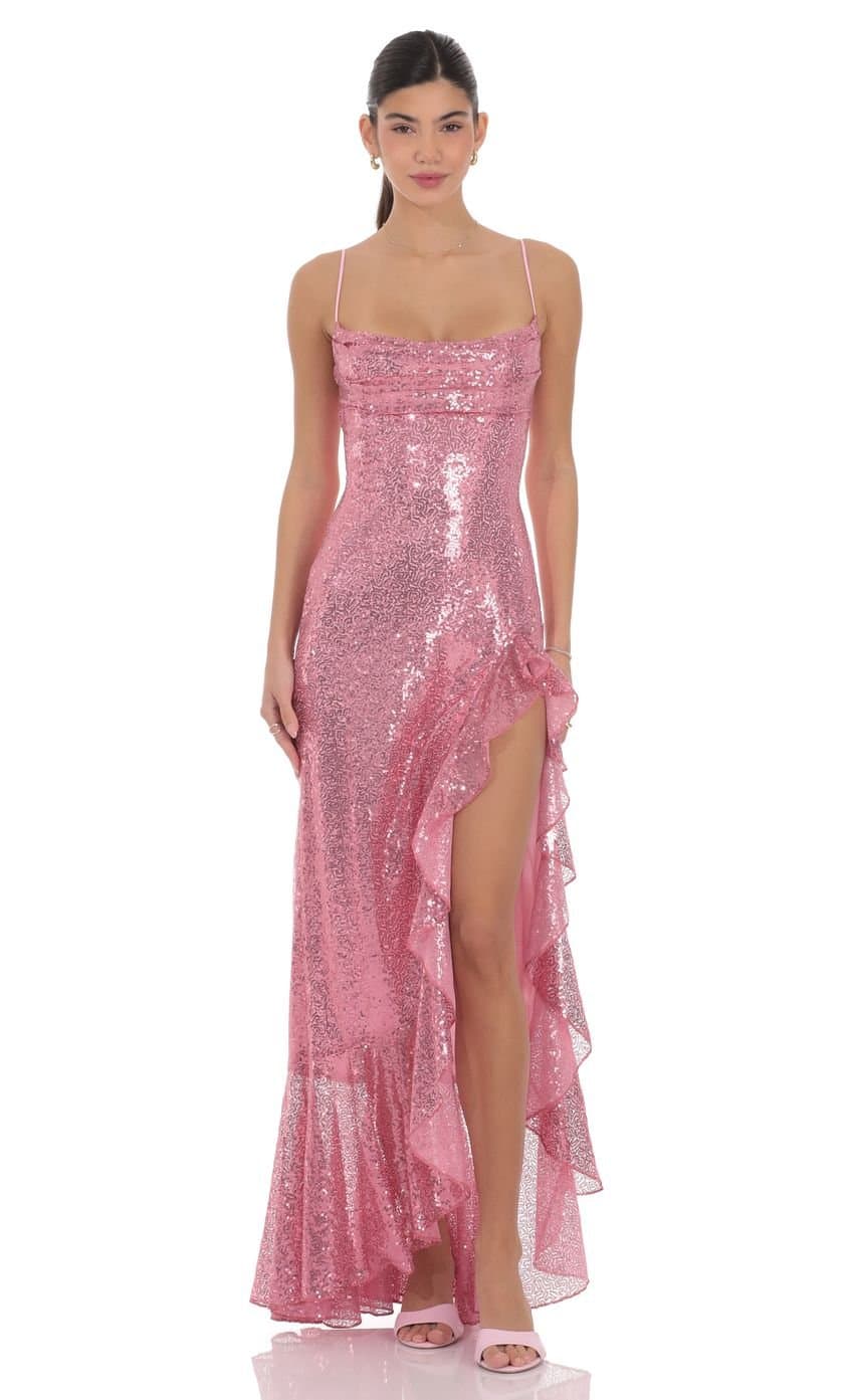 Sequin Ruffle Maxi Dress in Pink