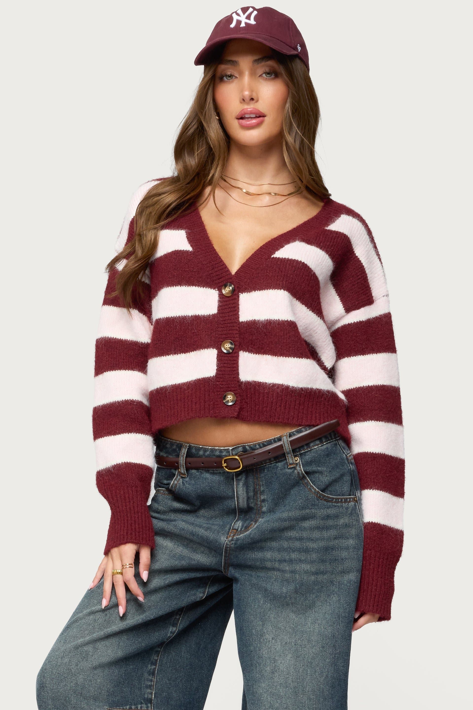 Kaz Striped Knit V-Neck Cardigan - Polyester Nylon Wool Spandex Blend
