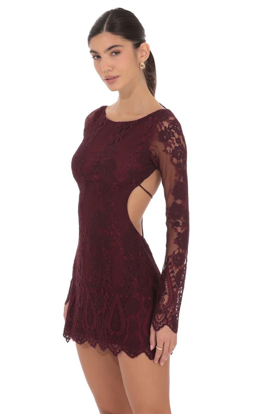 Lace Open Back Long Sleeve Dress in Burgundy