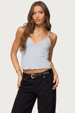 Glendon Babydoll Tank Top with Adjustable Straps, Lettuce Trim, Cotton Spandex