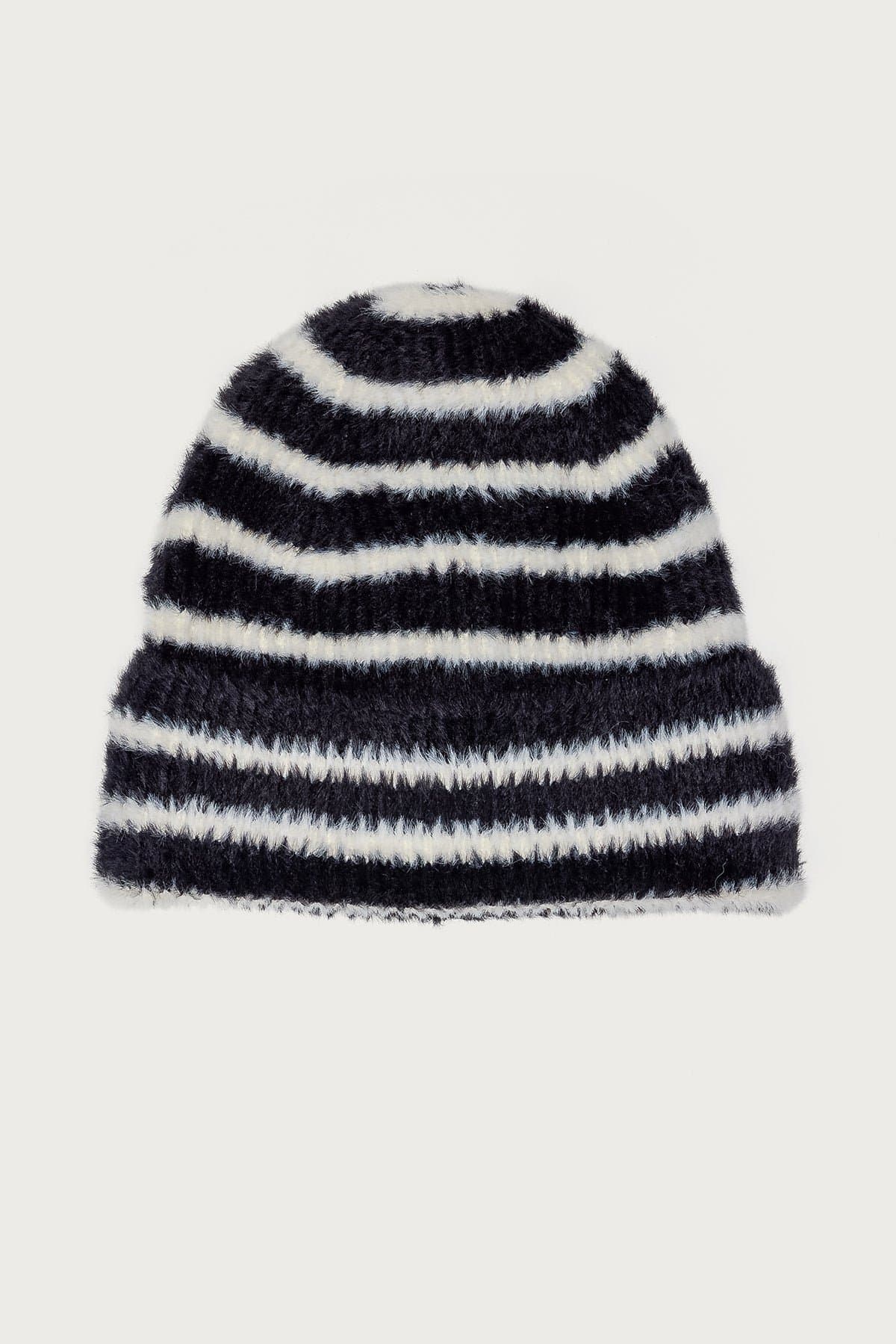 Striped Fuzzy Knit Beanie - Polyester, Height 12.6in