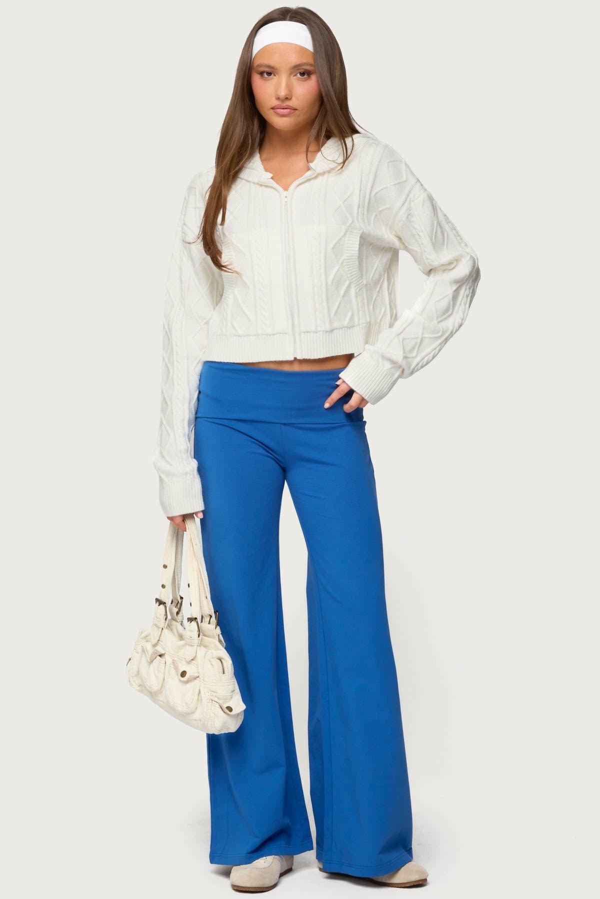 Wide Leg Foldover Pants - Cotton Spandex, Size S Inseam 31.1"