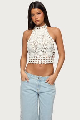 Backless Crochet High Neck Halter Top 100% Cotton