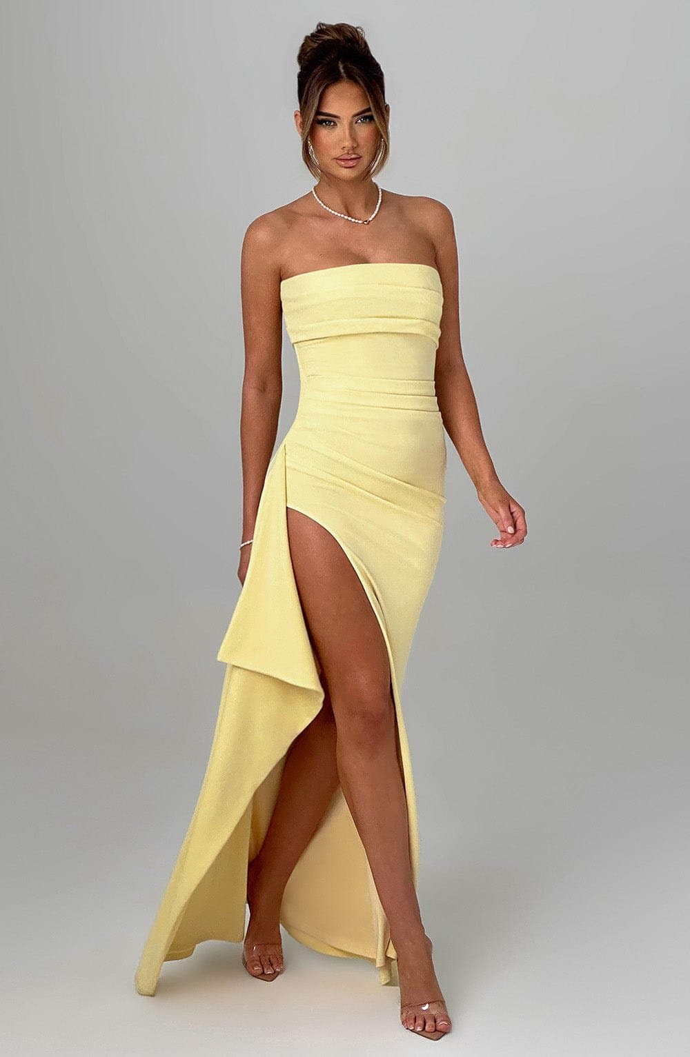 Zafira Lemon Maxi Dress - Strapless Stretch Crepe Thigh High Split