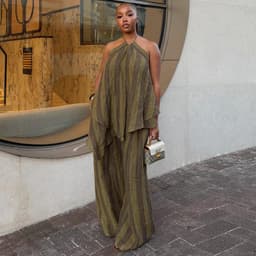 Olive Stripe Linen Halter Top & Wide Leg Pants Set – Boho Flowing Two Piece S-XXL