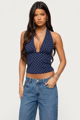 Blaire Polka Dot Halter Top - Plunging Neckline, Neck Tie Closure, Polyester Spandex