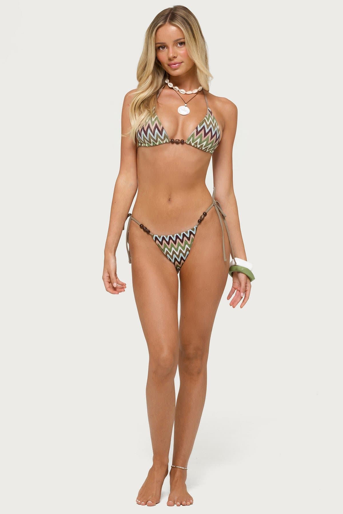 Alayna Zigzag String Bikini Bottom Adjustable Ties Bead Detail Polyester