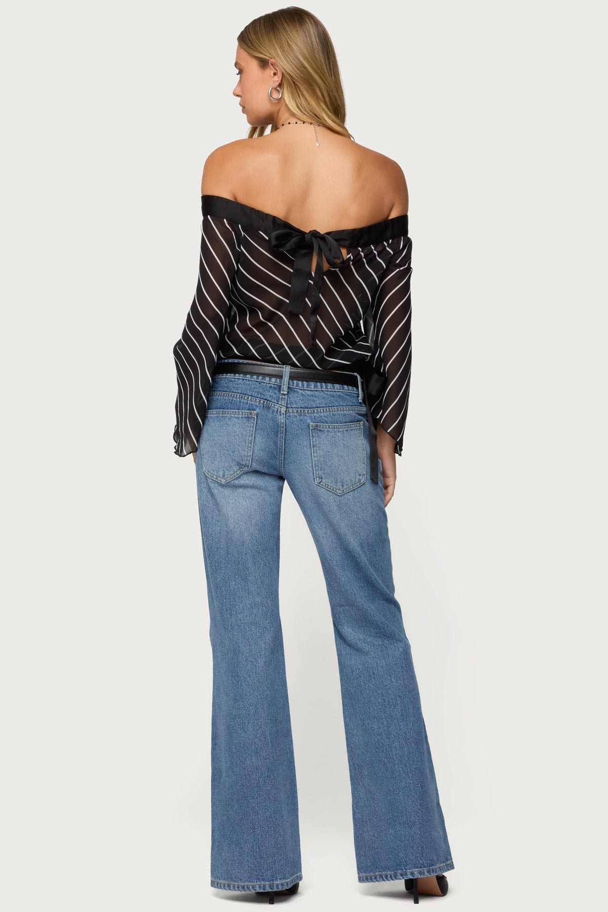 Diagonal Striped Off Shoulder Chiffon Top with Long Sleeves
