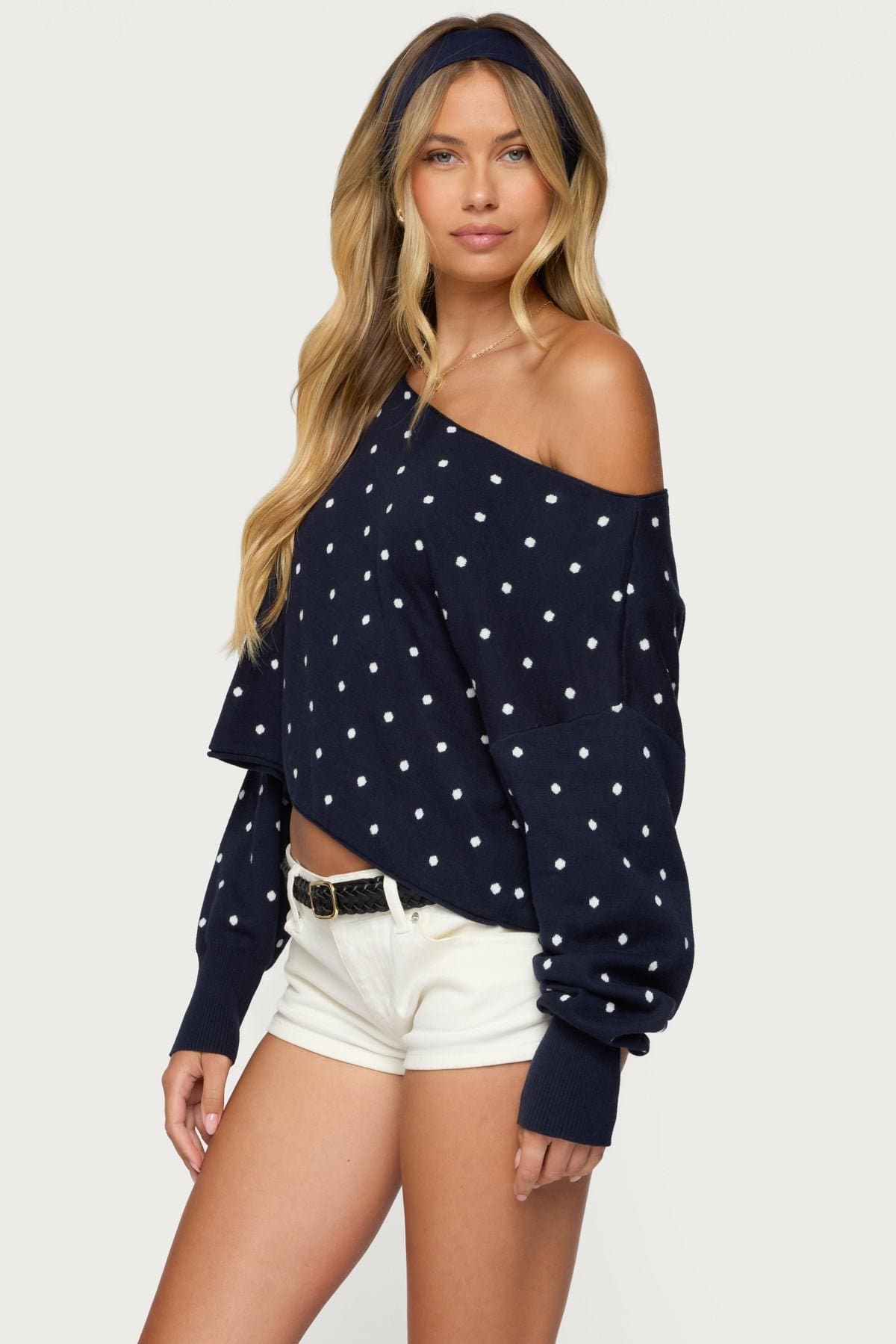Oversized Off Shoulder Polka Dot Sweater 100% Cotton Knit